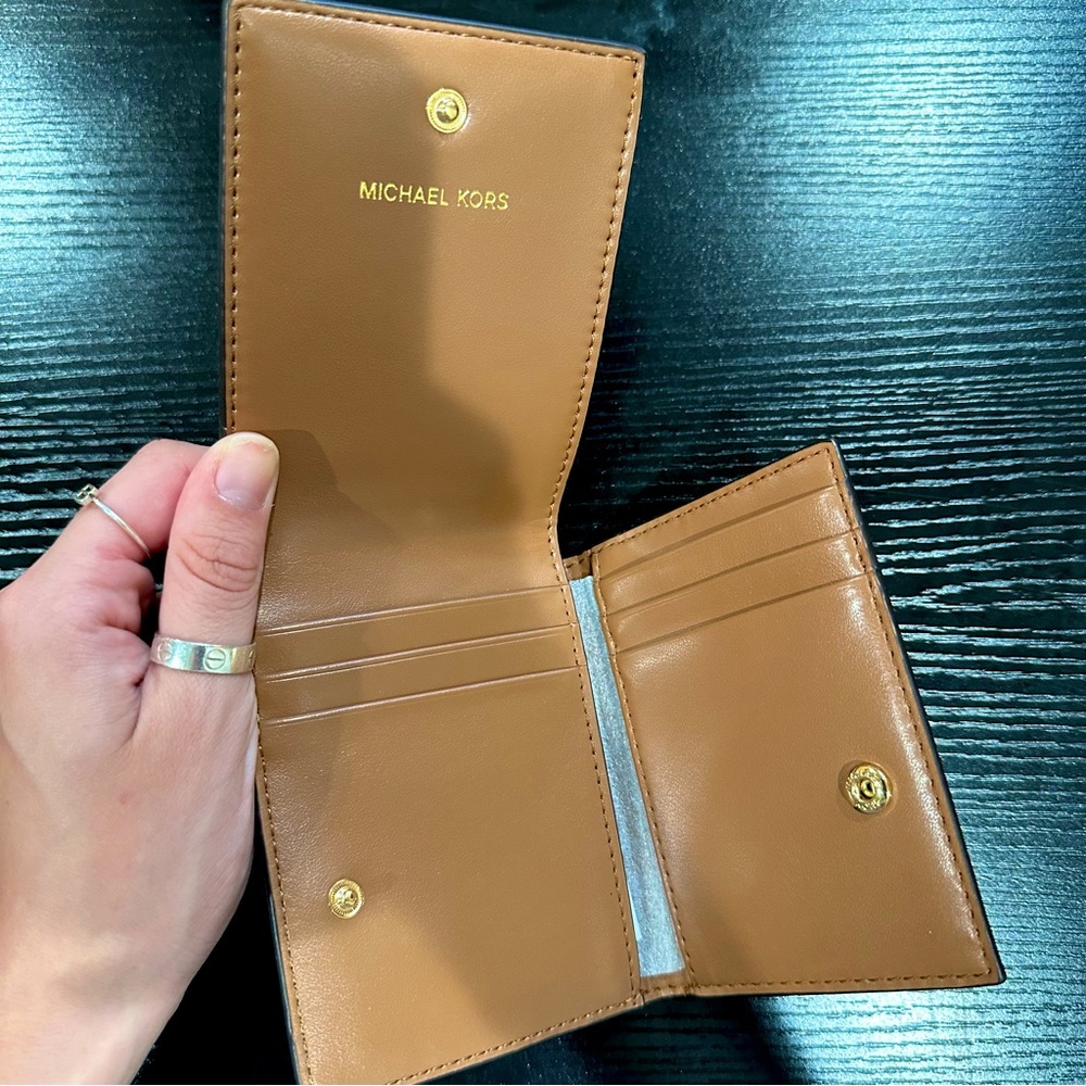 Michael Kors Jet Set Charm Folded Chain Card Case Brown/Acorn Gold Logo Wallet